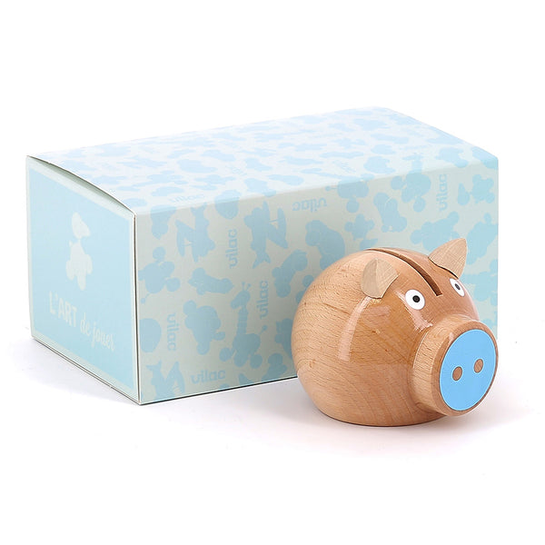 VILAC - Natural wood and blue pig money box