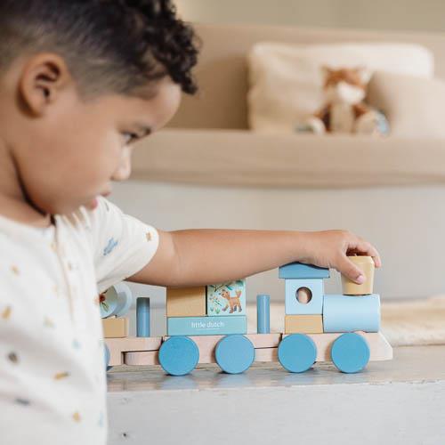 LITTLE DUTCH - Wooden block train - Blue - Forest Friends