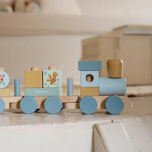 LITTLE DUTCH - Wooden block train - Blue - Forest Friends