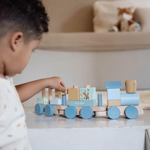 LITTLE DUTCH - Wooden block train - Blue - Forest Friends