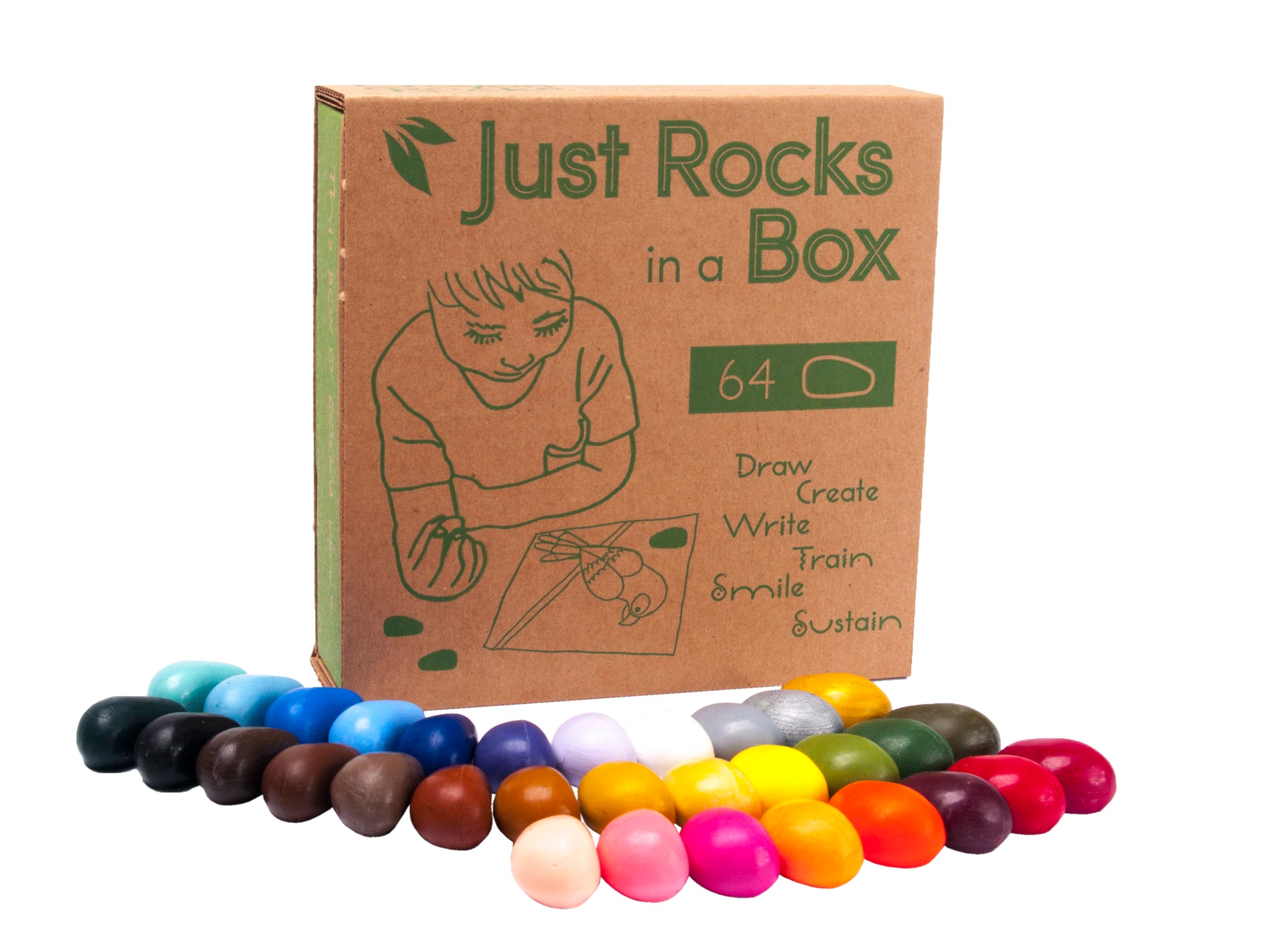 CRAYON ROCKS - Just Rocks in a Box - 64 Natural Soy Wax Crayons in 32 Colours (Stimulating Tripod Grip)